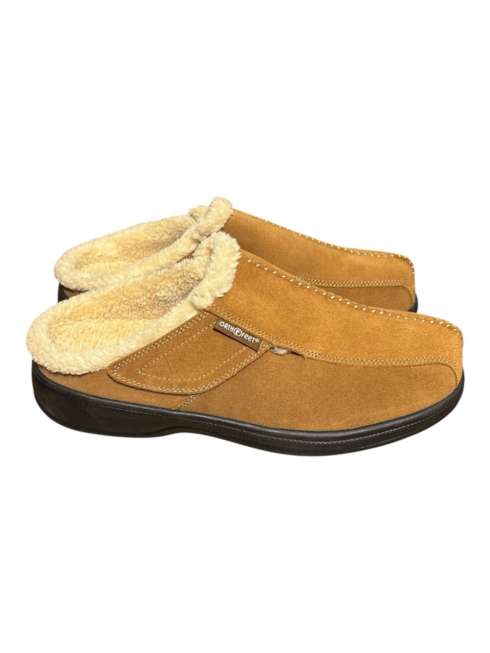 Orthofeet Asheville Men’s Orthopedic Tan Suede Faux Fur-Lined Slip-On Slippers